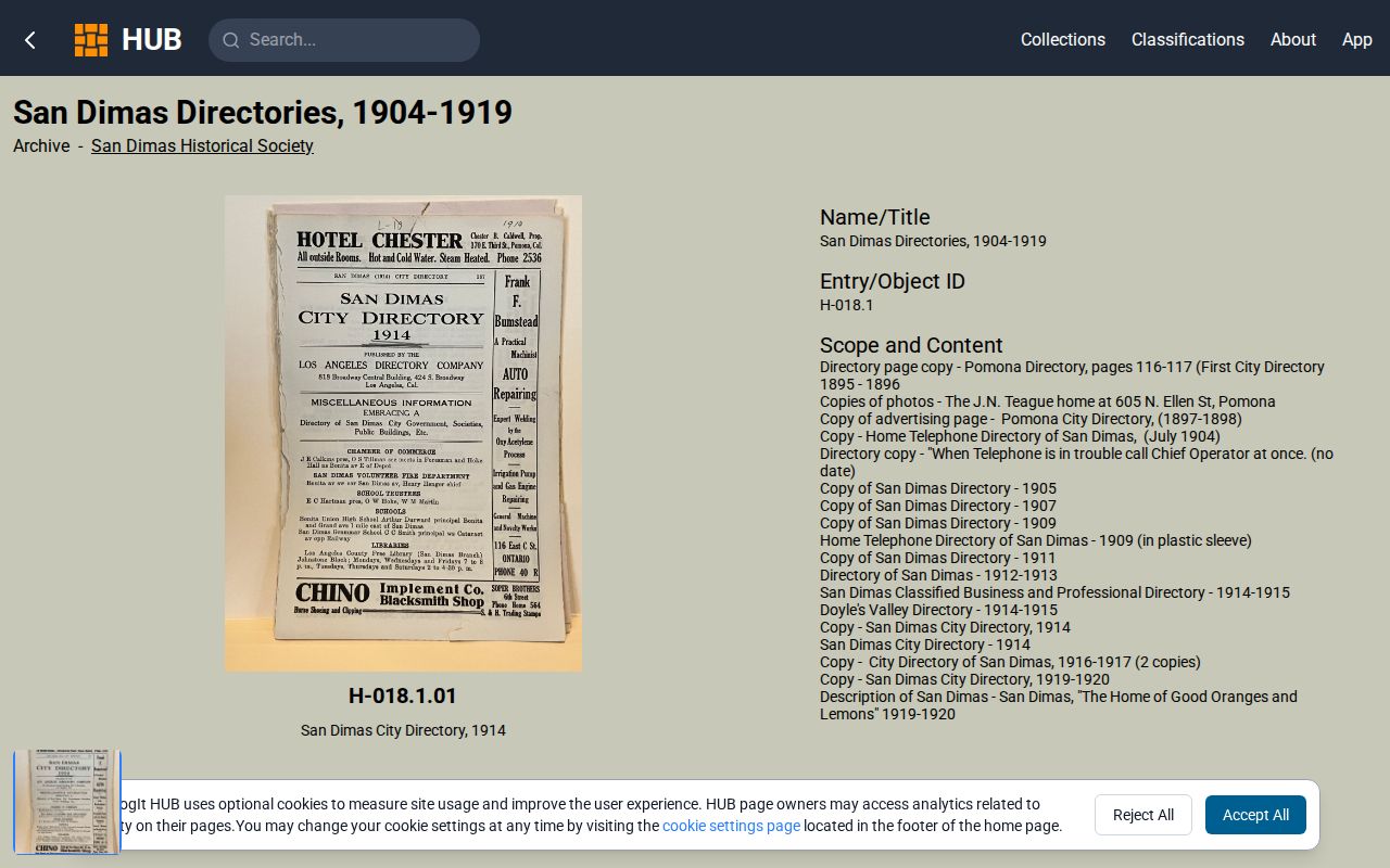 San Dimas city directory view of the 1904 through 1919 directory collection