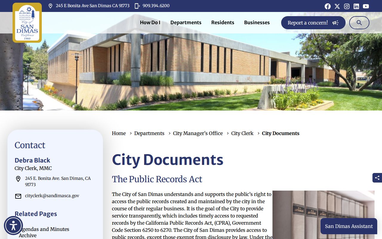San Dimas residents directory view of San Dimas City Clerk records