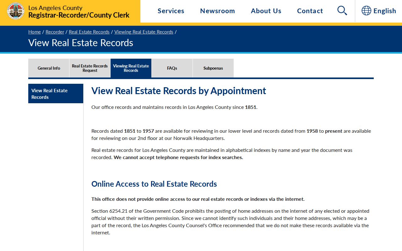 San Dimas residents directory view of the Los Angeles County Recorder deed index access instructions