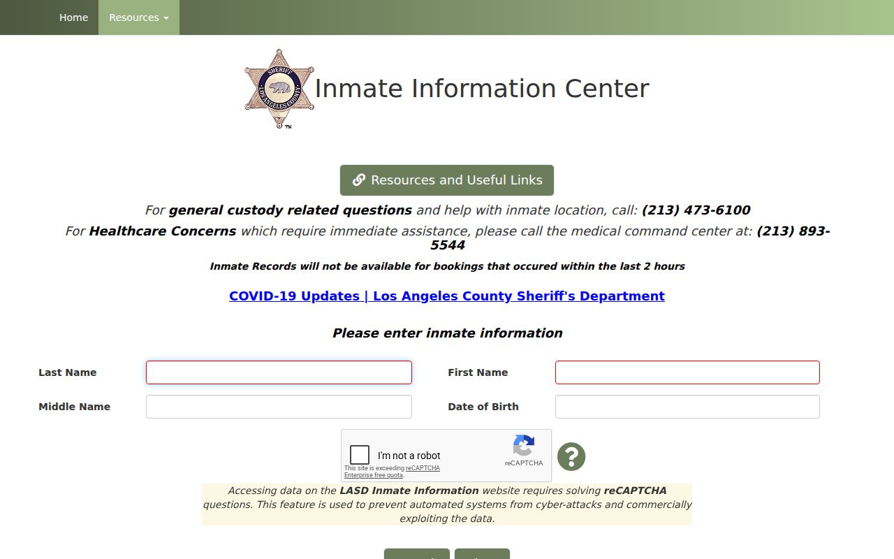 San Dimas resident lookup view of the Los Angeles County inmate information center