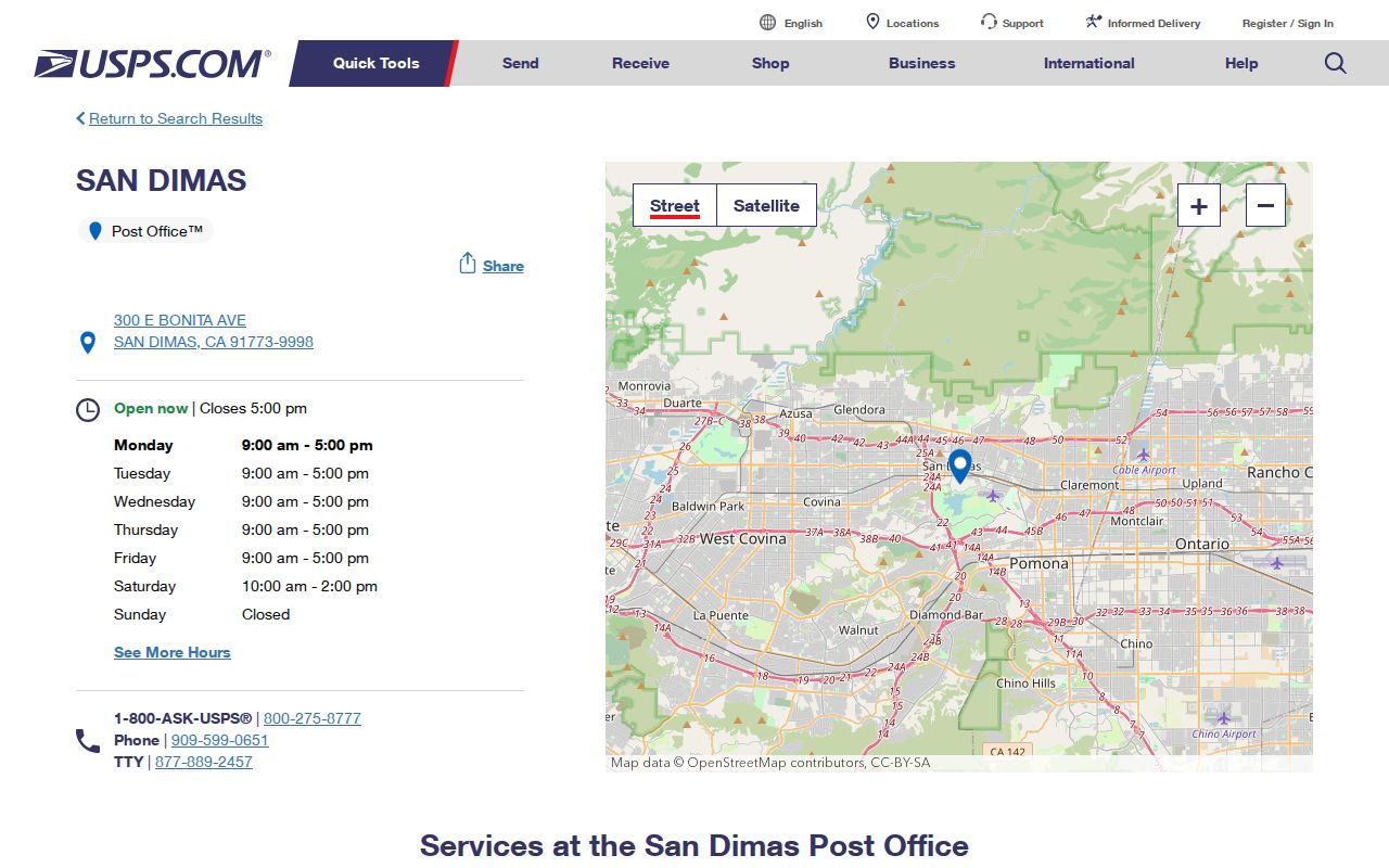San Dimas ZIP code directory view of the San Dimas Post Office